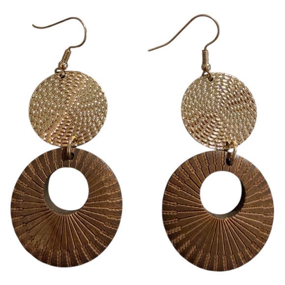 Jewelry - #696 Gold and Brown Textured Circle‎ Drop Earrings Boho Modern